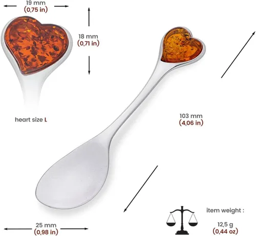 Vista 2 de Cuchara de buena suerte, plata de ley pulida, cuchara de plata con corazón ámbar y grabado de la suerte para un ser querido, regalo para aniversario