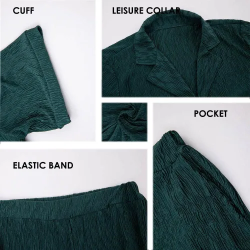 Vista 5 de Trajes plisados de 2 piezas para mujer, estilo casual, bohemio, moderno, camisa de musa, pantalones de pierna ancha, traje diario liso de los años 90