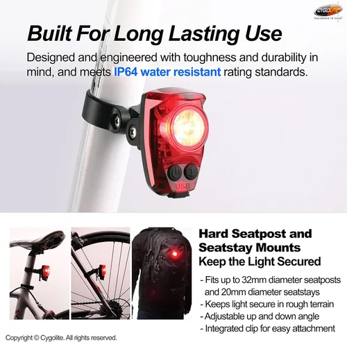 Vista 6 de Cygolite Hotshot Pro - Modelos de luz trasera de bicicleta de 200 y 150 lúmenes, estilos de montaje duro y flexible, 6 modos de noche y día
