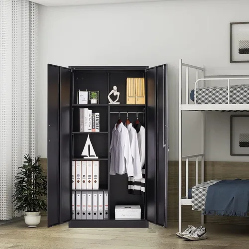 Vista 9 de Yizosh Armario de metal para colgar ropa con puertas de cerradura, armario de acero con cerradura de 72 pulgadas, organizador de ropa para Negro