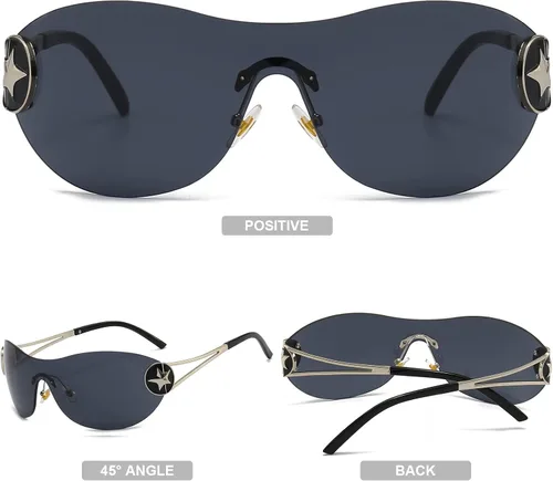 Vista 2 de Gafas de sol futuristas Y2K para mujeres y hombres, gafas de sol sin montura de gran tamaño, gafas de sol envolventes