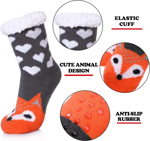 Vista 4 de FNOVCO Calcetines tipo pantufla para niños y niñas, mullidos, suaves, gruesos, acogedores, con forro polar cálido para invierno y Navidad