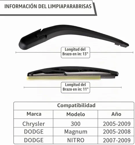 Vista 2 de Kit de brazo y limpiaparabrisas trasero para Dodge Magnum 2005-2009 Nitro 2007-2009