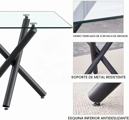 Vista 6 de Ebullient - Mesa de comedor de cristal de 71 pulgadas, moderna mesa rectangular de cocina para 8, mesa de vidrio transparente y patas de metal