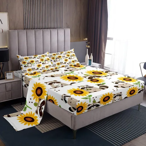 Vista 11 de Erosebridal Juego de sábanas tamaño individual de mapache para niños y niños, sábanas florales rosas de animales del bosque, juego de ropa de cama