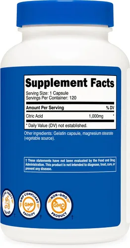 Vista 5 de Nutricost Ácido cítrico 1000 mg (0.04 oz), 120 cápsulas, sin gluten, sin OMG