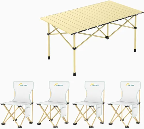 Vista 9 de Mesa plegable beige con sillas y bolsa de almacenamiento, mesa de camping portátil con patas de aluminio, adecuada para acampar al aire libre