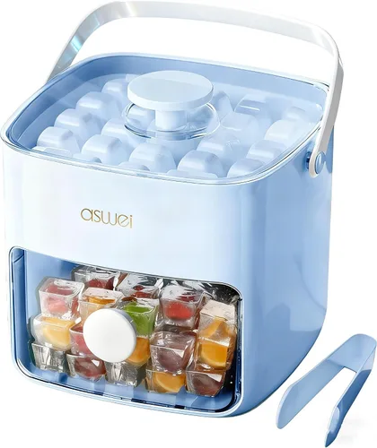 Vista 9 de Bandeja compacta para cubitos de hielo con tapa y contenedor, mini máquina de cubitos de hielo tipo prensa para congelador, cubo de hielo pequeño