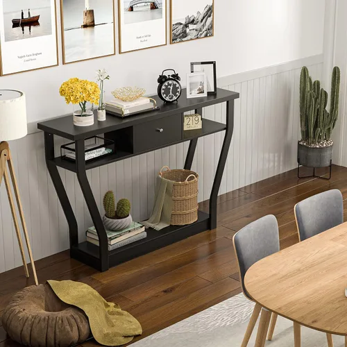 Vista 7 de WATERJOY Mesa de entrada de madera de 47 pulgadas con cajón y estante, mesas decorativas para sala de estar y pasillo