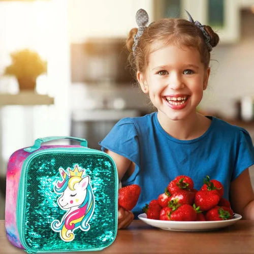 Vista 7 de 3 mochilas de unicornio para niñas, 16 pulgadas, con lentejuelas, con lonchera, bolsas escolares para preescolar primaria, jardín de infantes