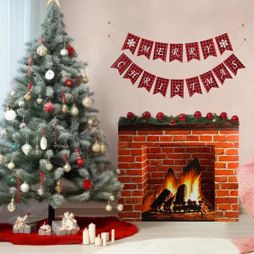 Vista 5 de Accesorio de Chimenea de Cartón de Navidad - Chimenea de Cartón de Ladrillo Rojo Artificial 3D - Chimenea de Ladrillo de Pie - Telón de Fondo