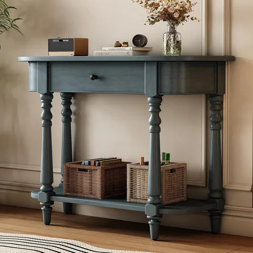 Vista 22 de Knocbel Mesa consola Half Moon con puerta con patrón de ondas, mesa auxiliar de sofá semicírculo con 2 cajones de almacenamiento y estante inferior