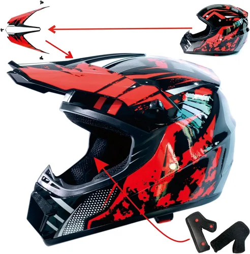 Vista 5 de Casco de motocross DOT Dirtbike ATV Motocicleta Bicicleta de Montaña Casco de cara completa con gafas y guantes, máscara rojo brillante Tormenta S