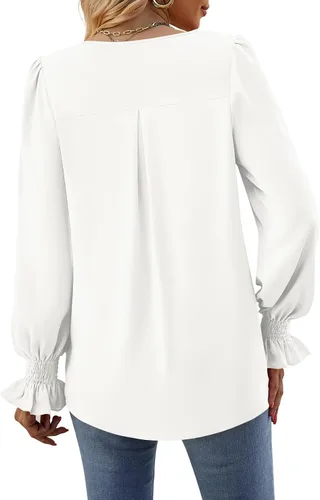 Vista 5 de Funlingo Blusas de mujer con mangas largas 2025, elegantes y casuales, con cuello en V, túnica suelta de gasa para el trabajo