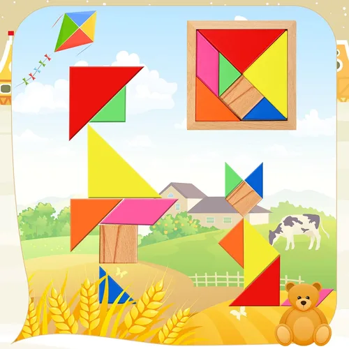 Vista 6 de Paquete de 5 rompecabezas de madera Tangram para niños, rompecabezas hexagonal de madera, rompecabezas de bloques de formas geométricas