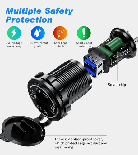 Vista 3 de Paquete de 2 enchufes de carga rápida 3.0 con cargador USB dual, toma de corriente USB impermeable de 36 W, carga rápida con interruptor táctil