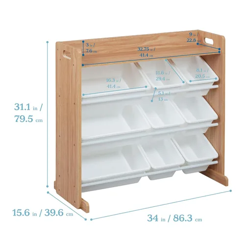 Vista 3 de ECR4Kids Organizador de 3 niveles con estante y 9 contenedores, almacenamiento para juguetes, natural oscuro/blanco