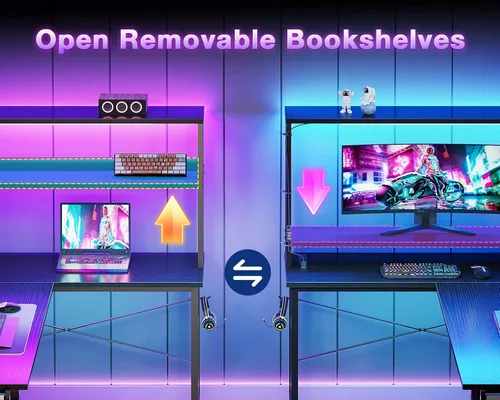Vista 6 de ODK Escritorio para juegos en forma de L de 43 pulgadas con estantes, LED y Negro
