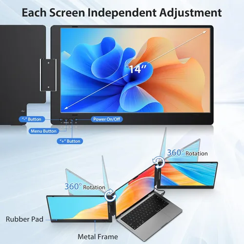 Vista 6 de KYY - Monitor portátil triple para portátil, extensor de pantalla USB-C FHD 1080P de 14'', pantalla IPS de computadora, pantalla triple, monitor