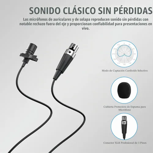 Vista 4 de Phenyx Pro UHF - Sistema de micrófono inalámbrico con frecuencias sintonizables de 2 x 30, juego de micrófono inalámbrico de metal, rango de 200