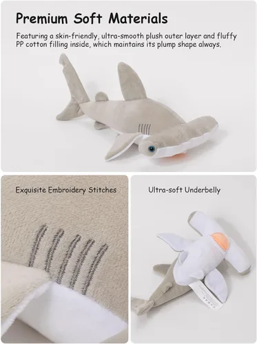 Vista 3 de Lindo juguete de peluche de tiburón martillo, adorable animal de mar de peluche de tiburón suave de 12 pulgadas para niños, esponjoso, regalo