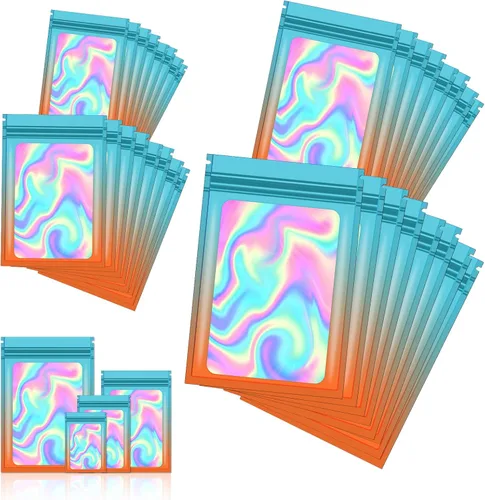 Vista 15 de 120 bolsas de tereftalato de polietileno a prueba de olores, bolsa de embalaje holográfica resellable con ventana transparente para alimentos