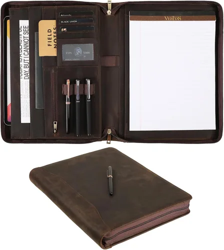 Vista 9 de Cartera de cuero genuino, organizador de padfolio de 11 x 14 pulgadas con cremallera, cartera profesional de negocios para hombres y mujeres