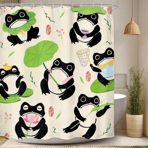 Vista 39 de Juego Divertido de Cortina de Rana Retro para Ducha, Juego de Baño 48x71 Pulgadas, Estilo Asiático Lindo, Arte Japonés Tradicional de Pato de Goma