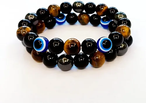 Vista 74 de Pulseras de triple protección con piedra de ojo de tigre de obsidiana negra con hematita para hombres y mujeres, pulsera de piedra curativa