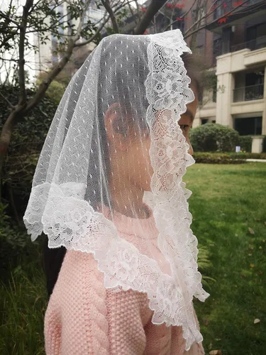 Vista 5 de Velos triangulares de mantilla para niñas de primera comunión, con encaje, misa latina