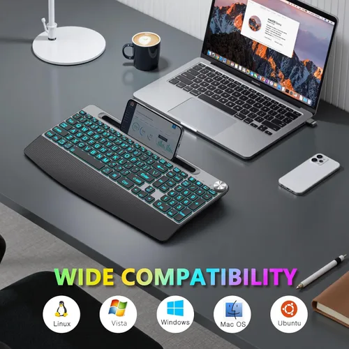 Vista 7 de JOYACCESS Large Print Backlit Wireless Keyboard,2.4G Full Size Ergonomic Keyboard with Wrist Rest, 7-Color Light up and Oversiez Letter for Computer