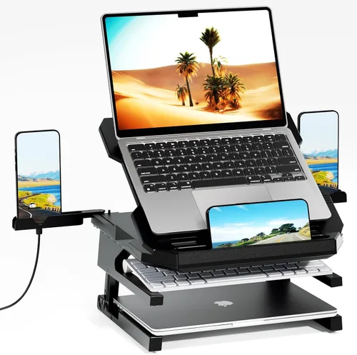 Vista 7 de OImaster Soporte ergonómico ajustable y plegable para computadora portátil con ventilación térmica, soporte elevador para laptop compatible