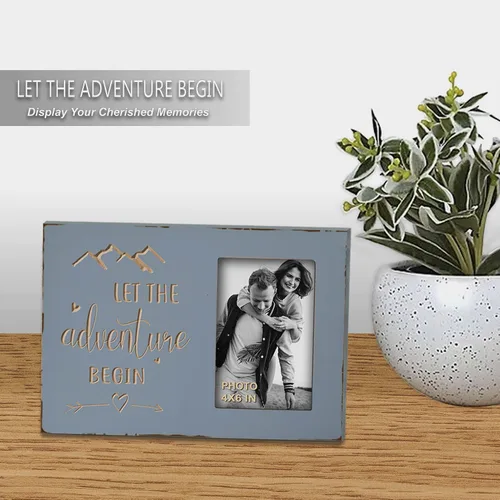Vista 3 de Buecasa Regalos de compromiso de boda para parejas, mujeres, novias, novias, novios, marco de fotos grabado de 4 x 6 pulgadas, deja que la aventura