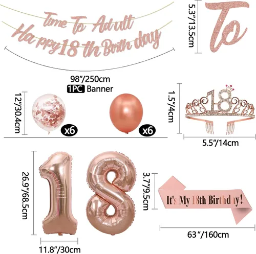 Vista 2 de Decoraciones de cumpleaños número 18 de oro rosa para niñas, pancarta de cumpleaños número 18, banda de cumpleaños 18, tiara de 40 pulgadas, número