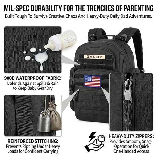 Vista 3 de SHARKMOUTH Mochila para pañales para papá y mamá, paquete de pañales militares Molle con soportes aislados para botellas y bolsillo para toallitas