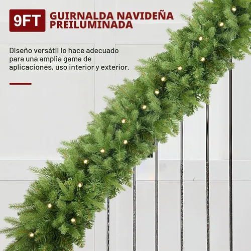 Vista 5 de Guirnalda de Navidad artificial preiluminada de 9 pies con 50 luces LED, funciona con pilas, decoraciones navideñas con rama de 300 puntas