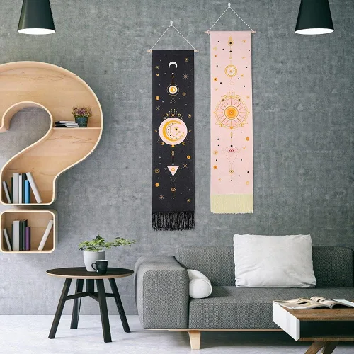 Vista 4 de Ochine Paquete de 2 tapices de fase lunar para colgar en la pared, tapices bohemios, fases blancas y negras, decoración del hogar para sala de estar