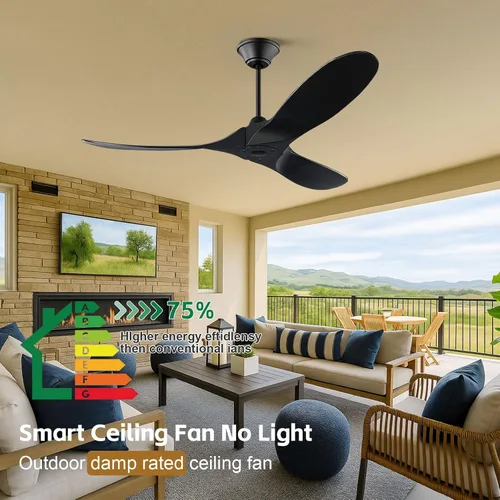 Vista 6 de Ventilador de techo negro para exteriores de 60 pulgadas para patios sin luces, clasificado para ambientes húmedos, ventilador de techo inteligente