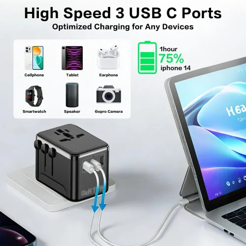 Vista 6 de Adaptador de viaje universal, adaptador de corriente internacional GaN de 70 W con 3 puertos USB C y 1 USB A de carga rápida, cargador de pared PD