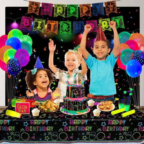 Vista 4 de Paquete de 3 suministros para manteles de fiesta que brillan en la oscuridad, mantel desechable de plástico neón, mantel rectangular con estampado