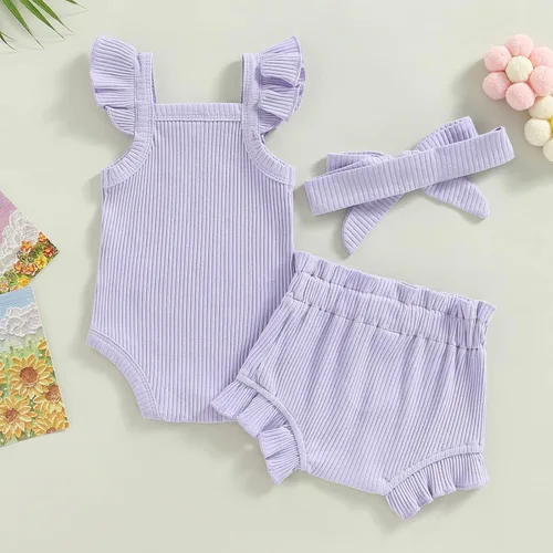 Vista 9 de Ropa de bebé recién nacida, sin mangas, con flores, enterizo, pantalones cortos, conjunto de verano