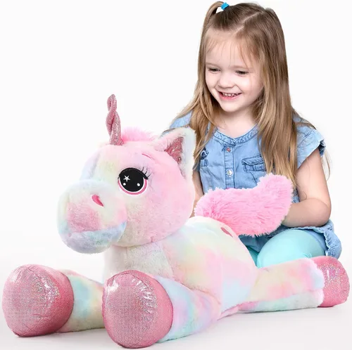 Vista 14 de Tezituor Juguetes de unicornio de peluche de 32 pulgadas, animales de unicornio gigante beige de peluche, encantadoras decoraciones de peluche