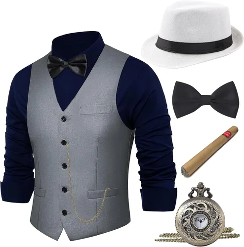 Vista 8 de BABEYOND - Disfraz de hombre de los años 1920, set de accesorios para disfraz de gángster de Gatsby con chaleco vintage, corbata, reloj de bolsillo