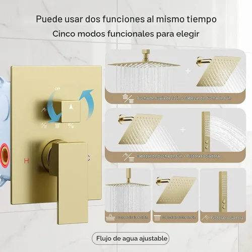 Vista 3 de Sistema de ducha dorado cepillado, grifo de ducha de cinco funciones, perilla desviadora de lluvia con 2 en 1 de mano, montaje de techo de 10