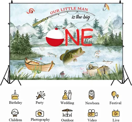 Vista 5 de Fondo de fotografía de Our Little Man is The Big One Wild Gone Fishing Background Boy First One Birthday Party Decor Baby Shower Fisherman Party