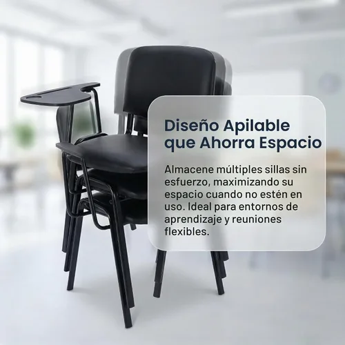 Vista 7 de HNY Juego de 5 sillas negras con brazo para tableta, cómodas de poliuretano, para oficina, sala de espera, apilables, sillas de recepción con mesa