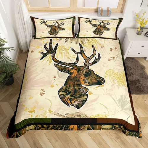 Vista 34 de Funda de edredón de cabaña marrón retro, juego de ropa de cama de retazos con diseño de oso del bosque, ciervos para cabaña rústica, funda de Multi
