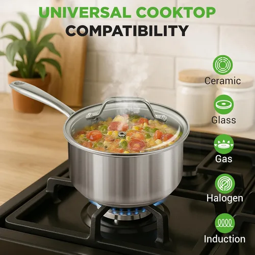 Vista 3 de NutriChef Olla de acero inoxidable de 2 cuartos de galón con tapa, cacerola resistente con asas ergonómicas, para todas las estufas