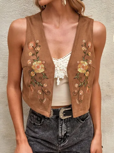 Vista 5 de Verdusa Chaleco de vaquera sin mangas con bordado floral para mujer