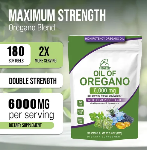 Vista 3 de Cápsulas blandas de aceite de orégano con aceite de semilla negra, cápsulas de aceite de orégano de alta potencia de 6000 mg para apoyo